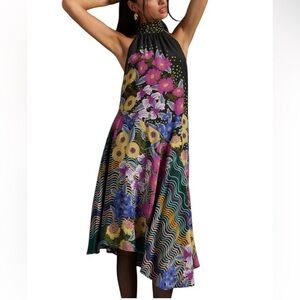 Anthropologie NWT Asymmetrical Halter Silk midi floral dress in black size med